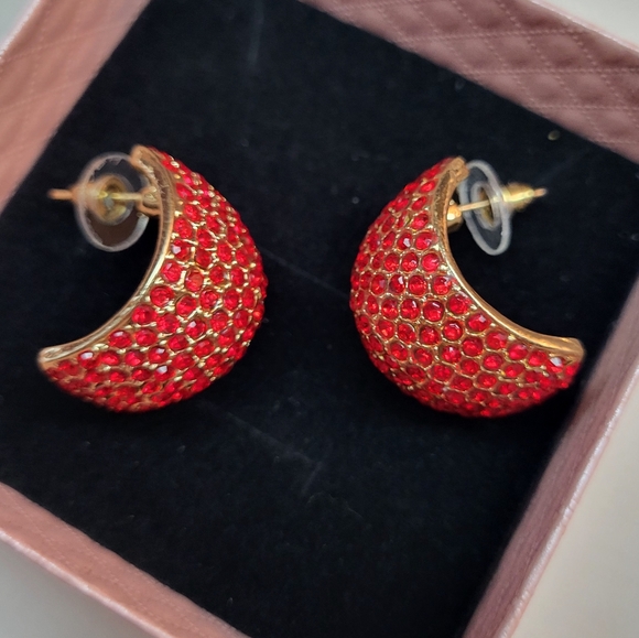 Ruby Red and Gold Rhinestone Earrings - Picture 7 of 7
